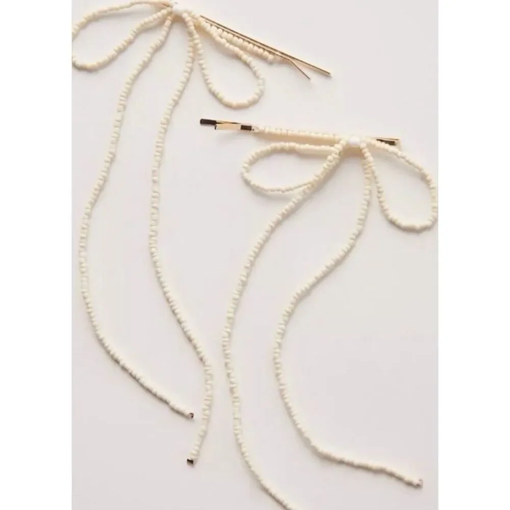 Free People Cream Dainty Beaded Bow Hair Clips NWT